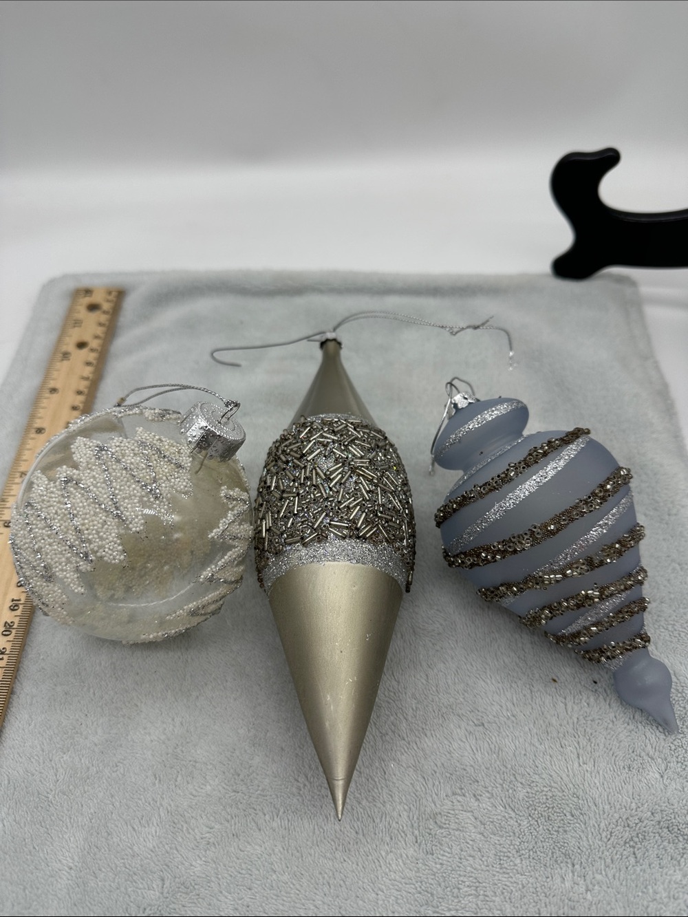Holiday Ornament Set — Silver and Gray Decorative Tree Ornaments-Lot of 3